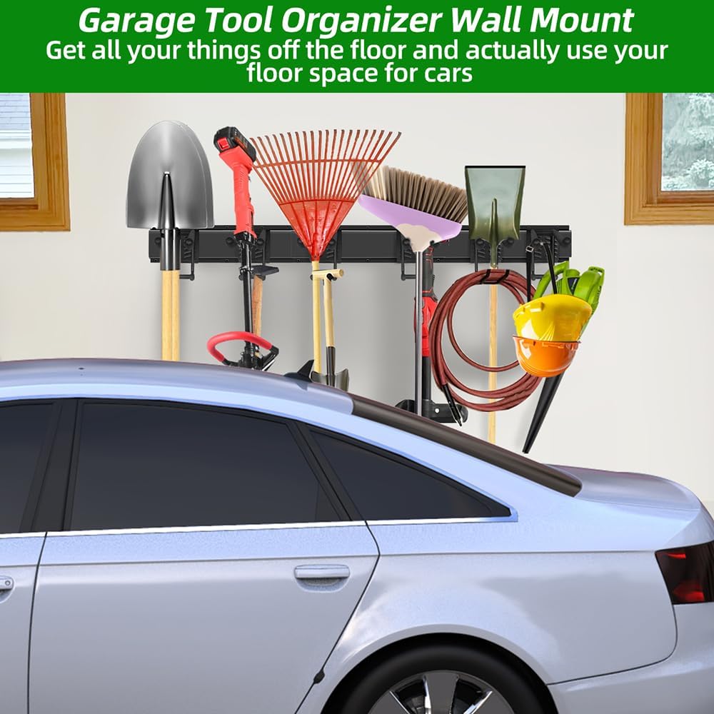 Garage Organization Wall Mount with 48 inches Rails and 6 Double-layer Hooks, Heavy Duty Garden Tool Rack, Hanging Storage Rack For Yard Tools, Shed