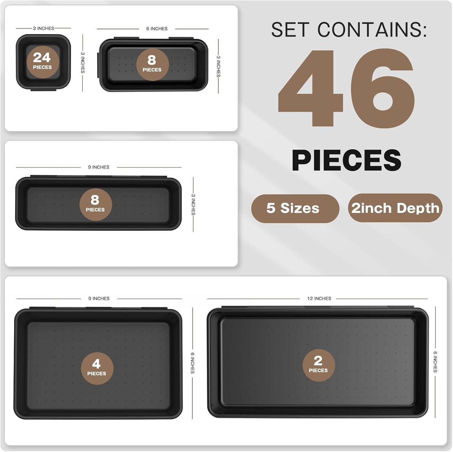 A-LUGEI【𝟰𝟲𝗣𝗖𝗦 & 5 Size】Tool Box Organizer Tray Divider Set, 【Black】 Desk Drawer Organizer, Garage Organization and Storage Toolbox Accessories Rolling Tool Chest Cart Cabinet WorkBench Small Part