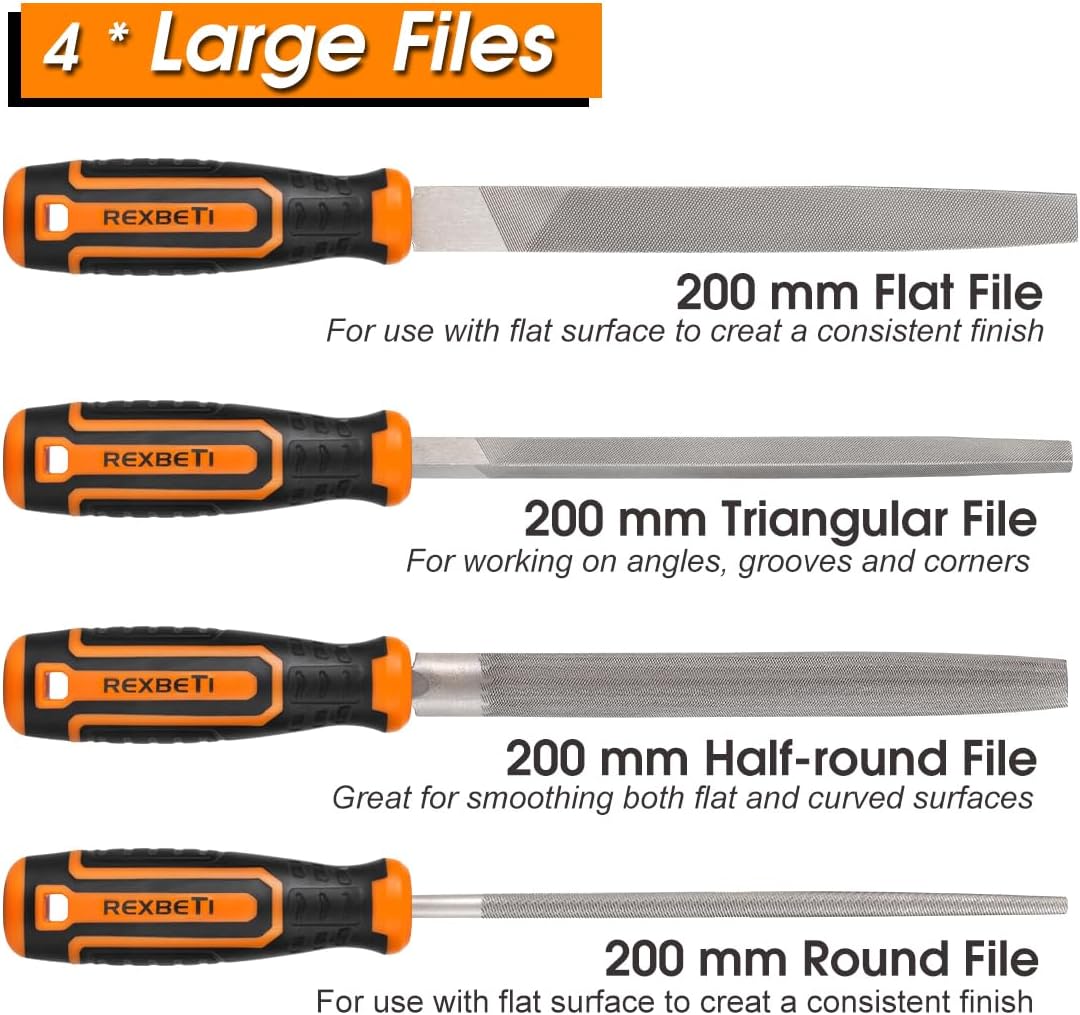 REXBETI 25Pcs Metal File Set, Premium Grade T12 Drop Forged Alloy Steel, Flat/Triangle/Half-round/Round Large File and 12pcs Needle Files with Carry Case, 6pcs Sandpaper, Brush, A Pair Working Gloves