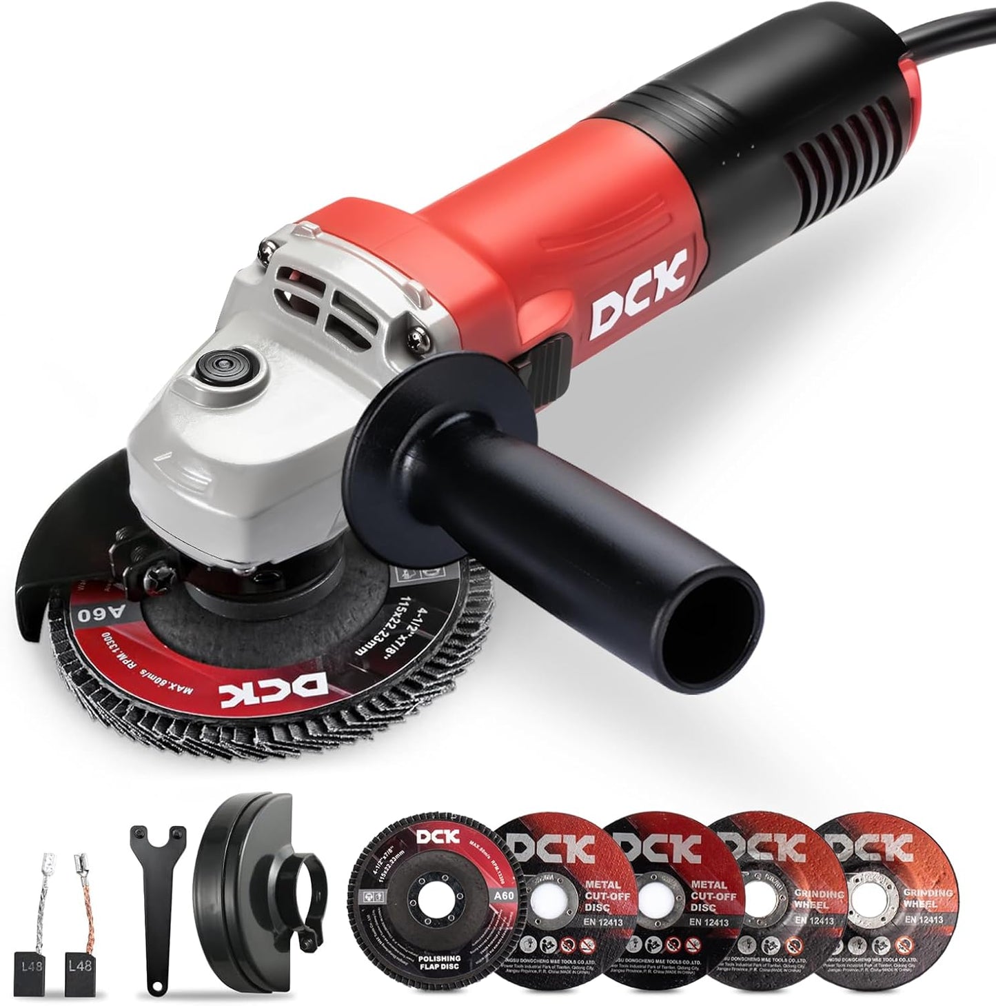 DCK Angle Grinder, 4-1/2-Inch, 6.7Amp Cut off Tool Grinder, 11,800 RPM with 2 Safety Guards, 6-Piece Discs (2 Cutting/2 Grinding/2 Flap Discs), Professional Angle Grinder for Metal, Wood (KSM09-115S)