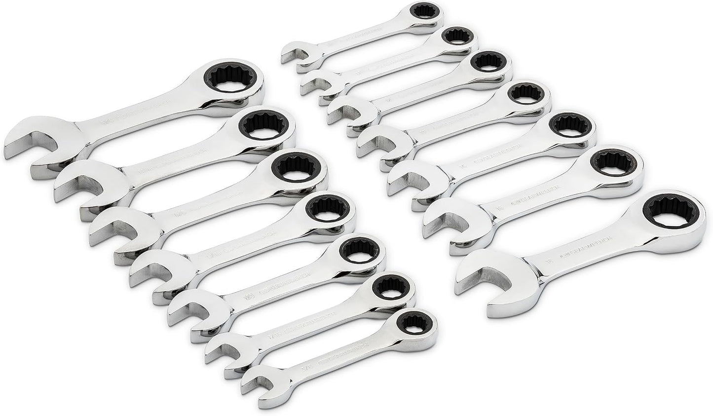 GEARWRENCH 14 Pc. 12 Point Stubby Ratcheting SAE/Metric Combination Wrench Set - 85206