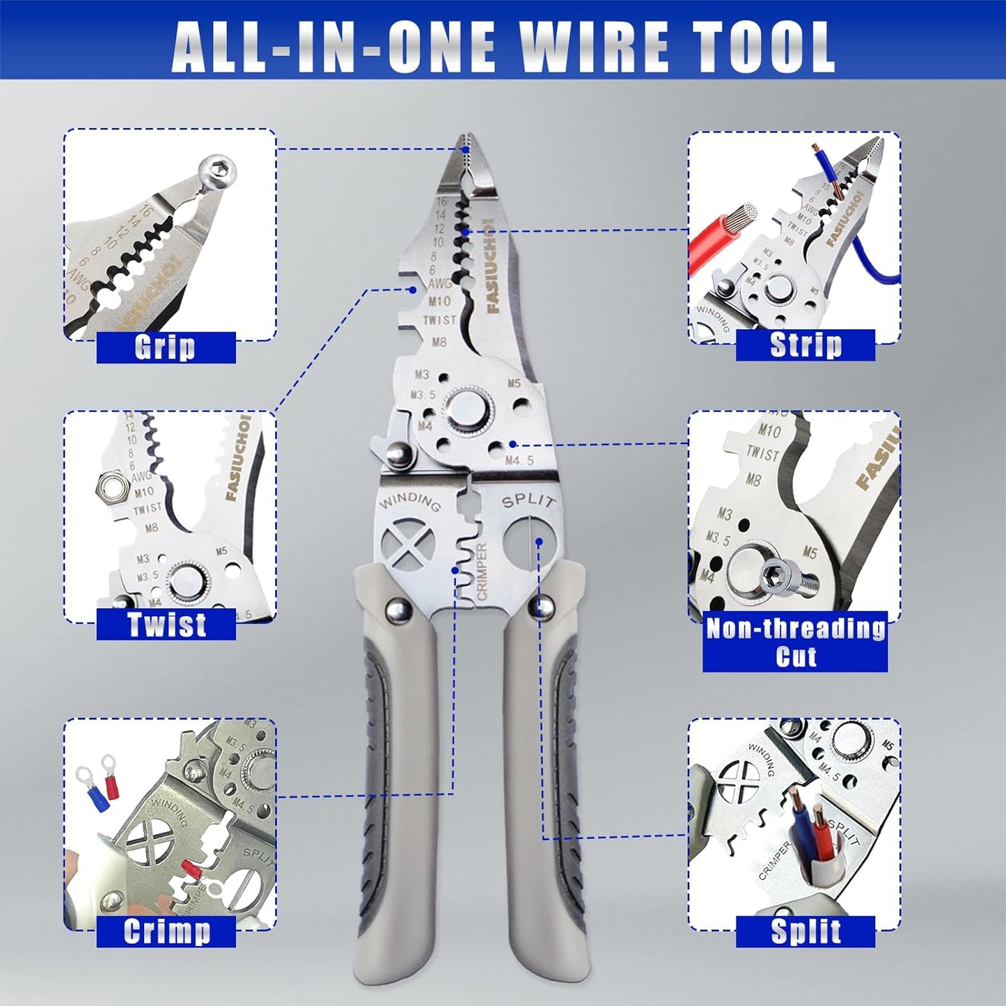 Multi-function Wire Stripper Tool Electrical, 9-in-1 Wire Cutter & Wire Crimping Tool, Adjustable AWG 6-16, Comfortable Grip and Refined Craftsmanship