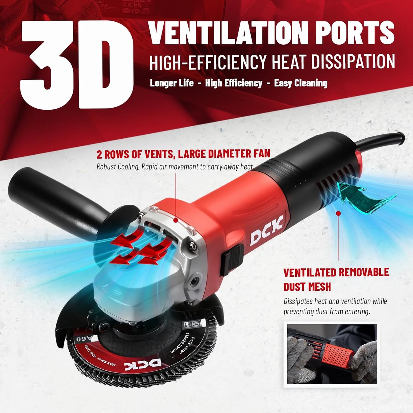 DCK Angle Grinder, 4-1/2-Inch, 6.7Amp Cut off Tool Grinder, 11,800 RPM with 2 Safety Guards, 6-Piece Discs (2 Cutting/2 Grinding/2 Flap Discs), Professional Angle Grinder for Metal, Wood (KSM09-115S)