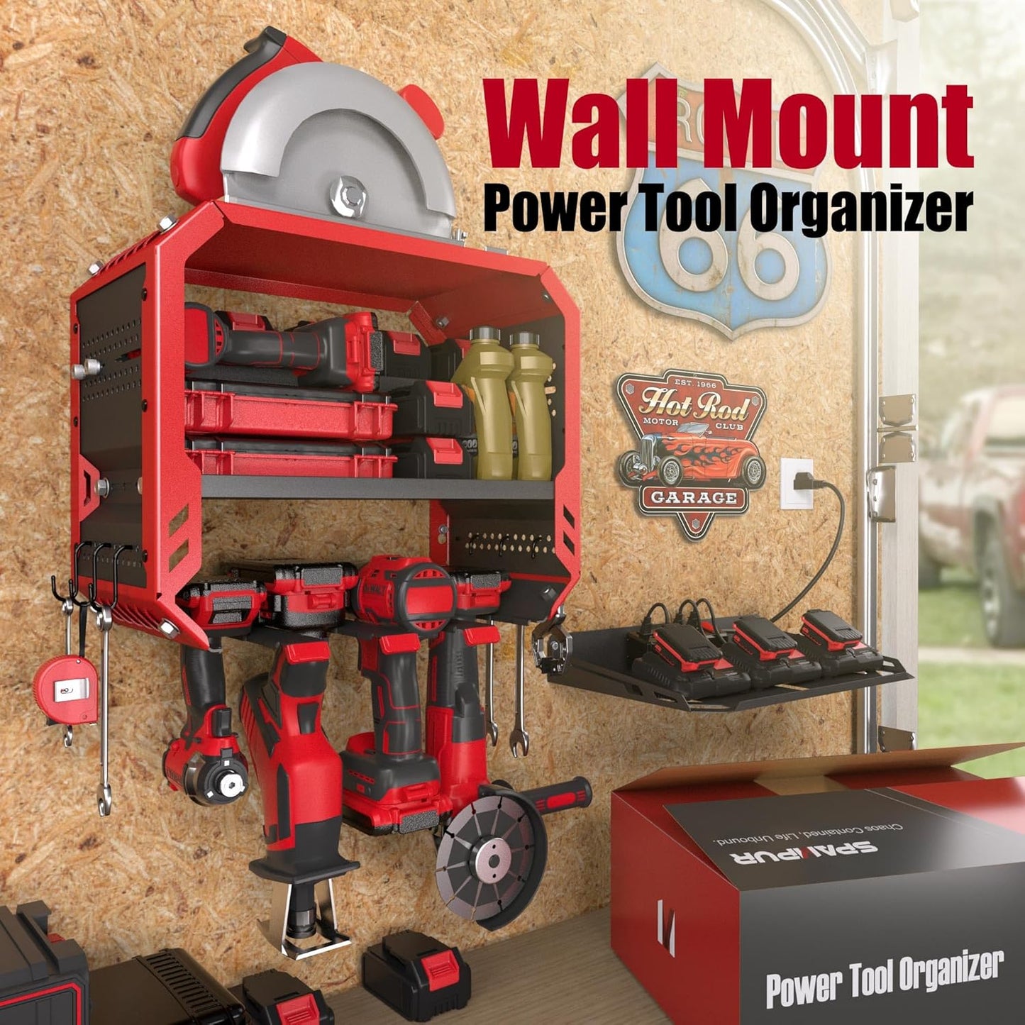 Garage Tool Organizer Wall Mounted Drill Holder with Built-in 4 Outlets, 4 Drill Storage Shelf with Charging Station, Tool Battery Holder for Fathers/Husbands in Garage/Workshop/Shed