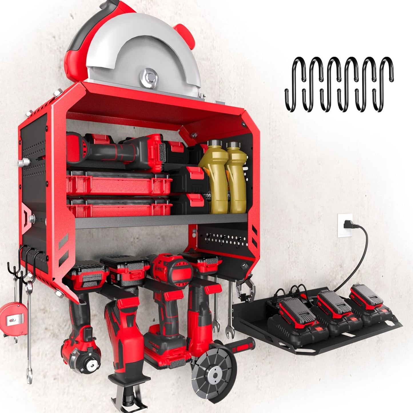 Garage Tool Organizer Wall Mounted Drill Holder with Built-in 4 Outlets, 4 Drill Storage Shelf with Charging Station, Tool Battery Holder for Fathers/Husbands in Garage/Workshop/Shed