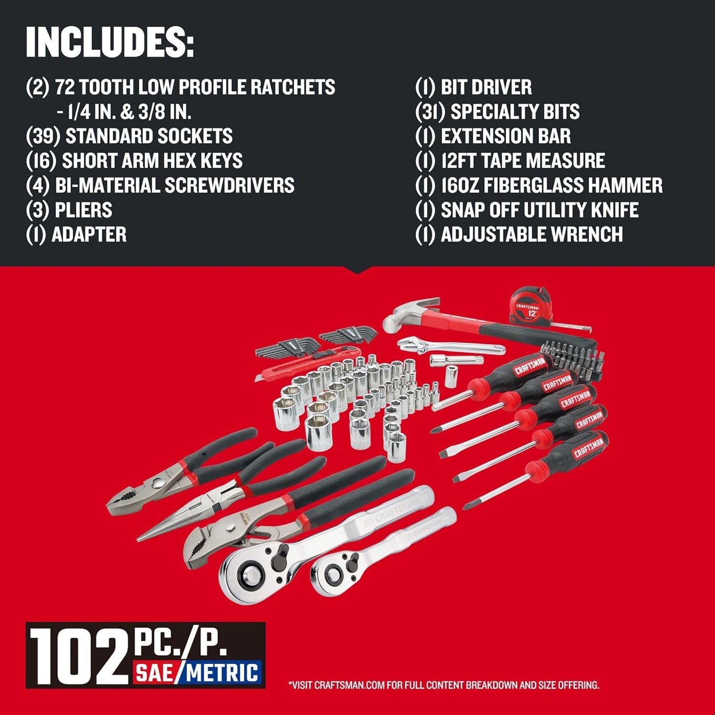CRAFTSMAN 102-Piece Tool Kit for Home and Car, Durable Hand Tool Set with SAE/Metric Sockets (CMMT99449)