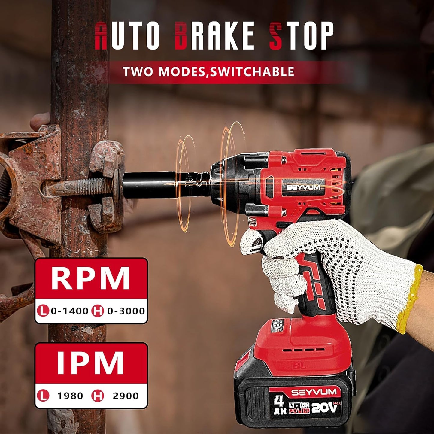 SEYVUM Impact Wrench,1/2" Impact Gun, Power Impact Driver Max Torque 320 Ft-lbs (430N.m), Cordless Impact Wrench with 20V Brushless Motor, 4.0Ah Li-ion Battery with Fast Charger, 4 Pcs Impact Sockets