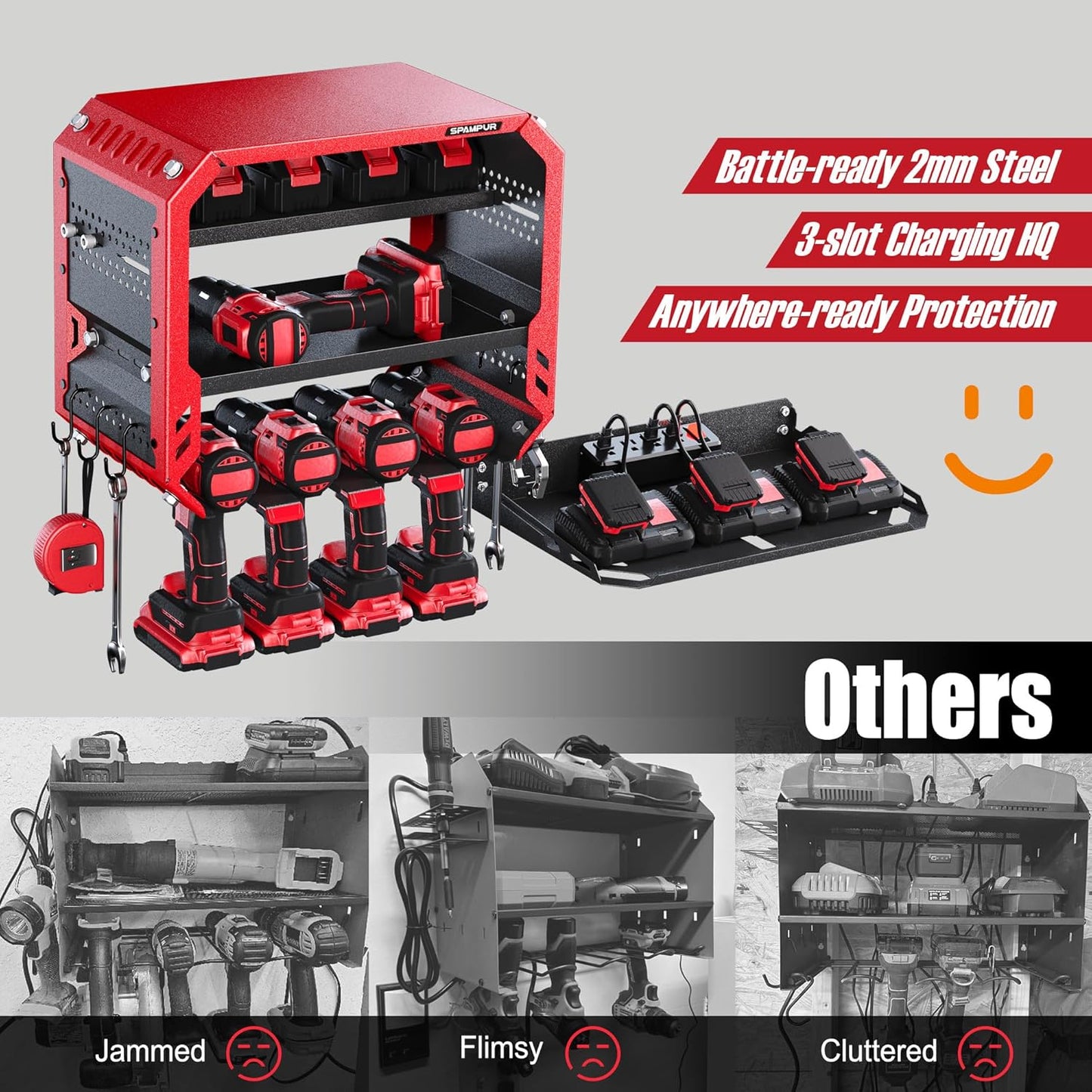 Garage Tool Organizer Wall Mounted Drill Holder with Built-in 4 Outlets, 4 Drill Storage Shelf with Charging Station, Tool Battery Holder for Fathers/Husbands in Garage/Workshop/Shed