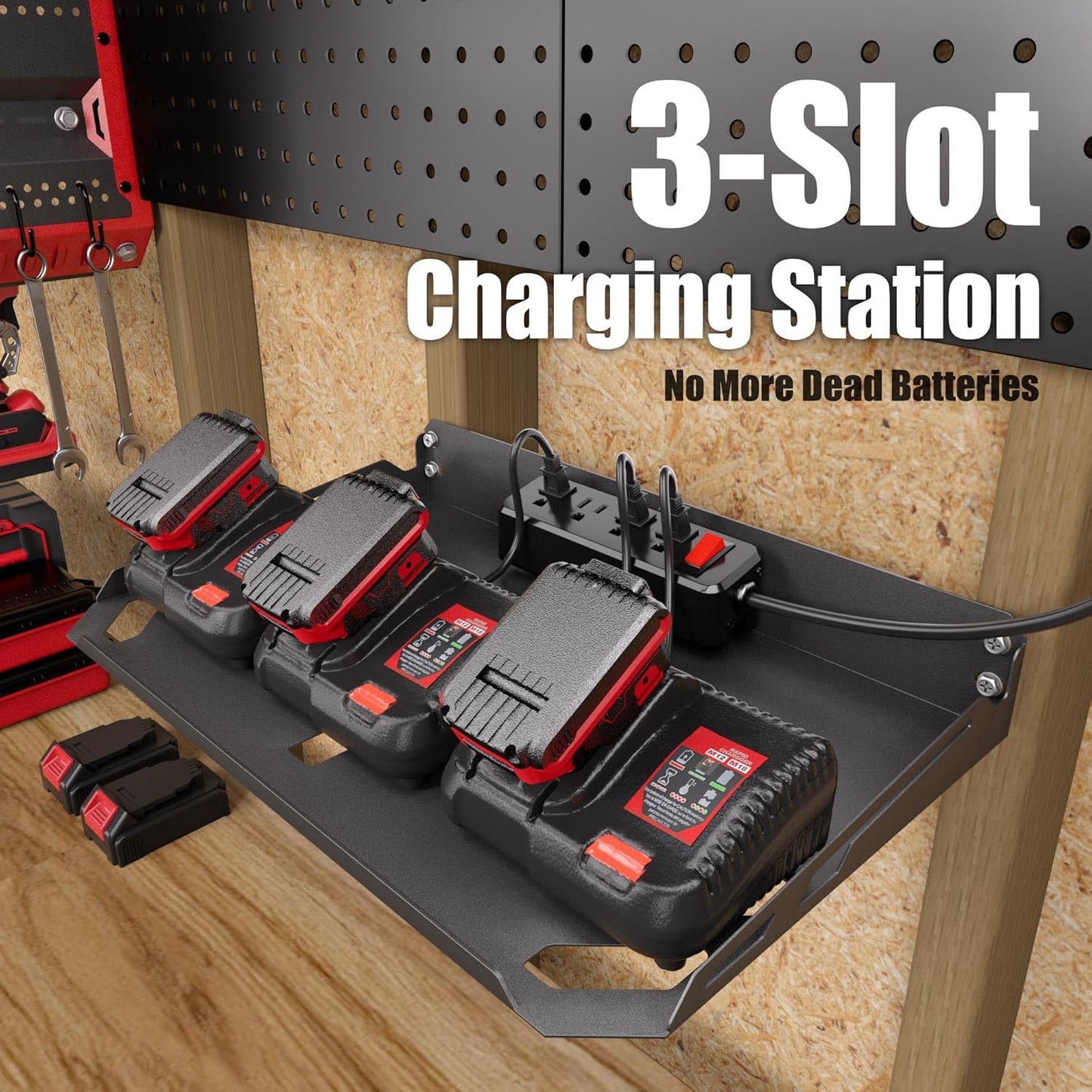 Garage Tool Organizer Wall Mounted Drill Holder with Built-in 4 Outlets, 4 Drill Storage Shelf with Charging Station, Tool Battery Holder for Fathers/Husbands in Garage/Workshop/Shed