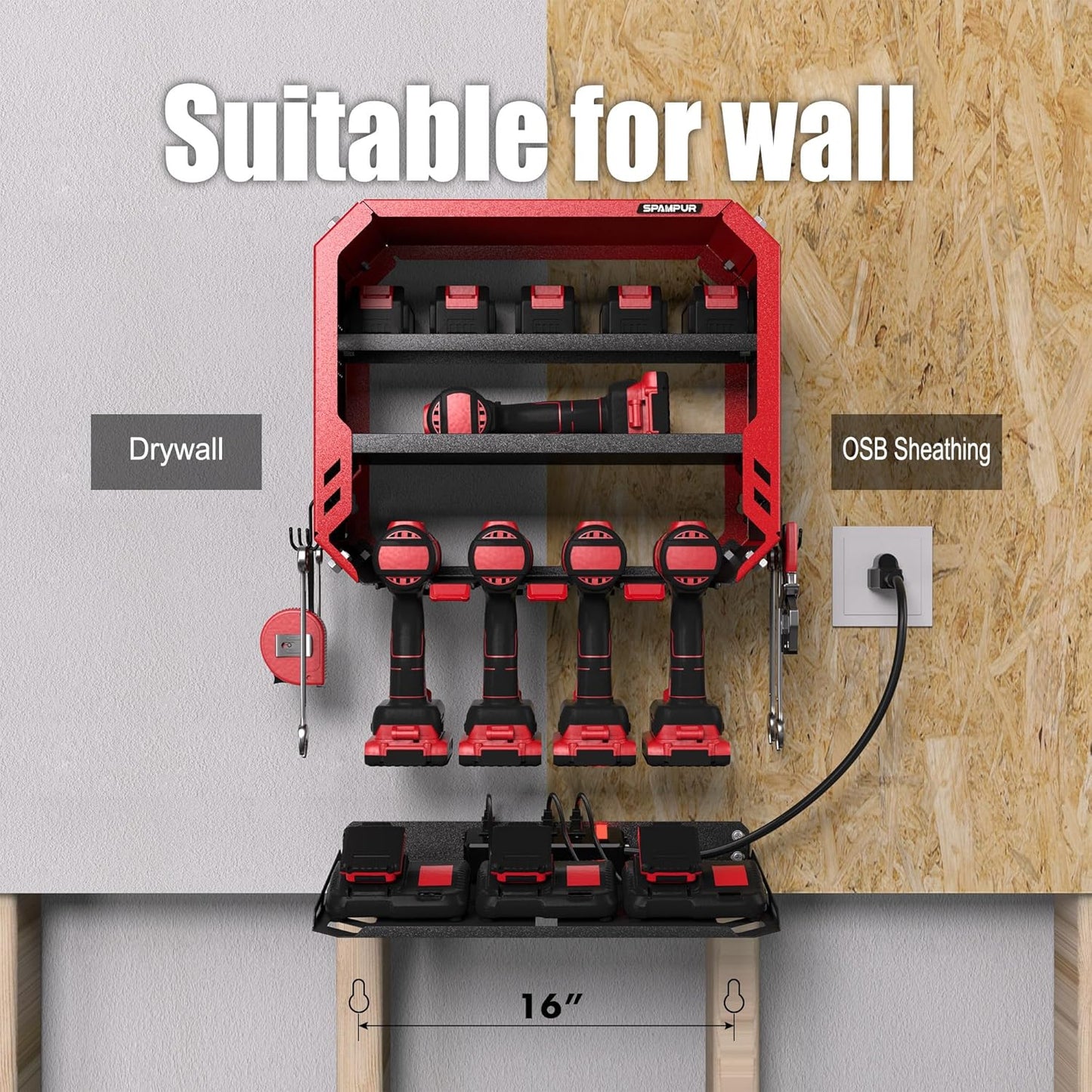 Garage Tool Organizer Wall Mounted Drill Holder with Built-in 4 Outlets, 4 Drill Storage Shelf with Charging Station, Tool Battery Holder for Fathers/Husbands in Garage/Workshop/Shed