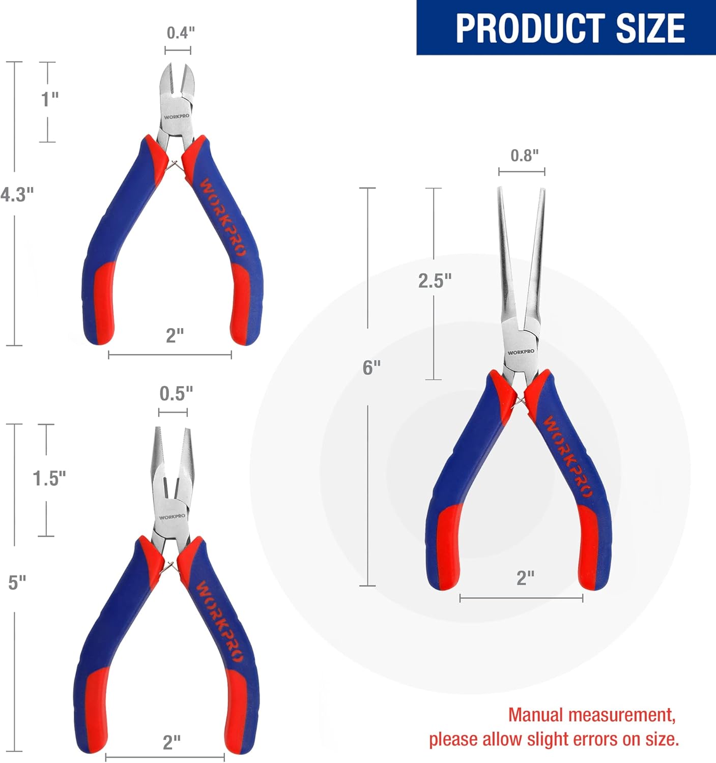 WORKPRO Mini Pliers Set, 3-Piece Small Pliers Tool Kit Includes 4” Diagonal Plier, 5” Long Nose Plier, 6” Needle Nose Plier, for Making Crafts, Repairing Electronic Devices