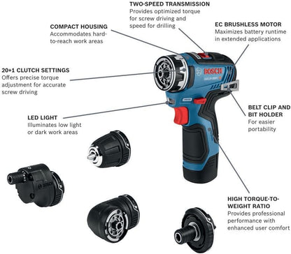 BOSCH GSR12V-300FCB22 12V Max EC Brushless Flexiclick 5-In-1 Drill/Driver System with (2) 2 Ah Batteries
