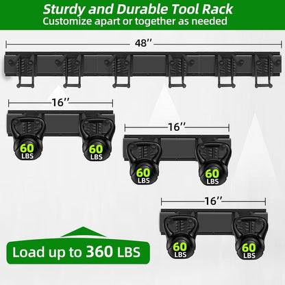 Garage Organization Wall Mount with 48 inches Rails and 6 Double-layer Hooks, Heavy Duty Garden Tool Rack, Hanging Storage Rack For Yard Tools, Shed