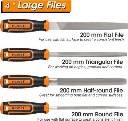 REXBETI 25Pcs Metal File Set, Premium Grade T12 Drop Forged Alloy Steel, Flat/Triangle/Half-round/Round Large File and 12pcs Needle Files with Carry Case, 6pcs Sandpaper, Brush, A Pair Working Gloves