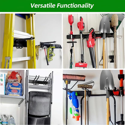 Garage Organization Wall Mount with 48 inches Rails and 6 Double-layer Hooks, Heavy Duty Garden Tool Rack, Hanging Storage Rack For Yard Tools, Shed