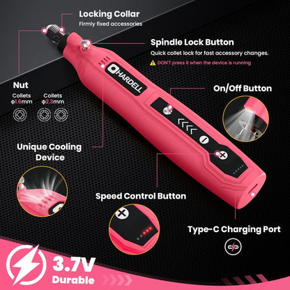 HARDELL Mini Cordless Rotary Tool, 5-Speed 3.7V rechargeable Rotary Tool Kit with 69 Accessories, USB Charging Multi-Purpose Power Tool for Sanding, Polishing, Drilling, Etching, Engraving, DIY Crafts