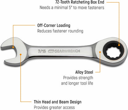 GEARWRENCH 14 Pc. 12 Point Stubby Ratcheting SAE/Metric Combination Wrench Set - 85206