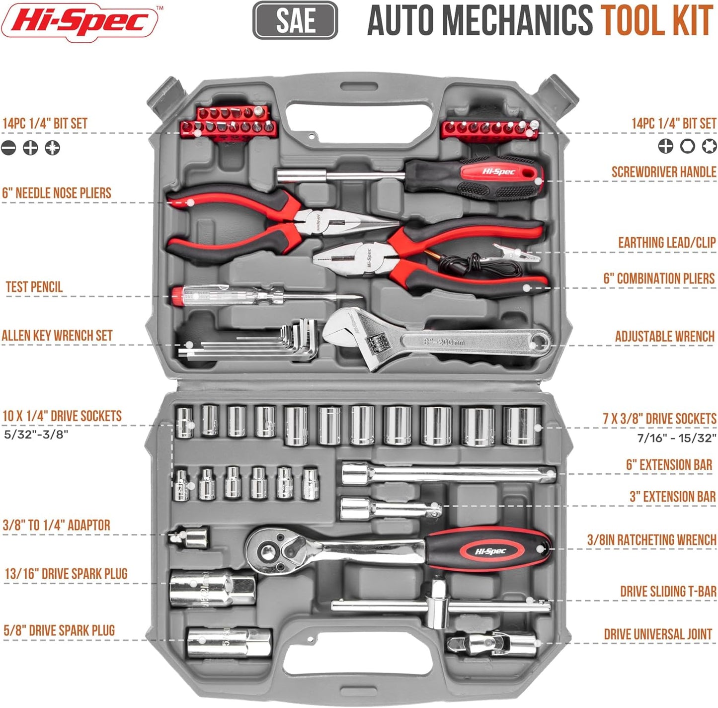 Hi-Spec Tools 67pc SAE Auto Mechanics Hand Tool Kit Set. Complete Car, Motorcycle, Engine & Garage Repairs with Sockets, Ratchet Wrench, Pliers & More