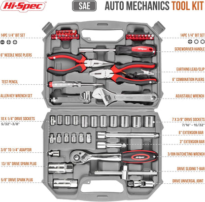 Hi-Spec Tools 67pc SAE Auto Mechanics Hand Tool Kit Set. Complete Car, Motorcycle, Engine & Garage Repairs with Sockets, Ratchet Wrench, Pliers & More