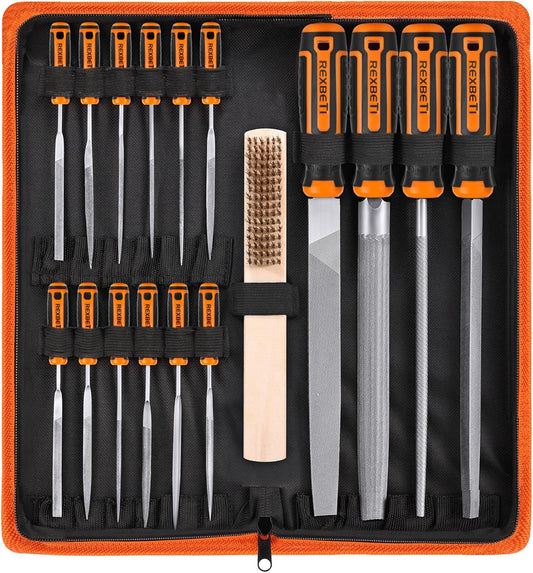 REXBETI 25Pcs Metal File Set, Premium Grade T12 Drop Forged Alloy Steel, Flat/Triangle/Half-round/Round Large File and 12pcs Needle Files with Carry Case, 6pcs Sandpaper, Brush, A Pair Working Gloves