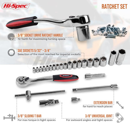 Hi-Spec Tools 67pc SAE Auto Mechanics Hand Tool Kit Set. Complete Car, Motorcycle, Engine & Garage Repairs with Sockets, Ratchet Wrench, Pliers & More