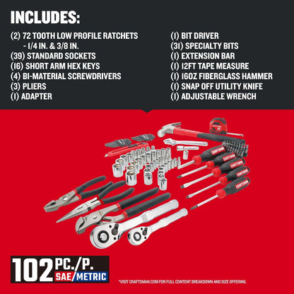 CRAFTSMAN 102-Piece Tool Kit for Home and Car, Durable Hand Tool Set with SAE/Metric Sockets (CMMT99449)