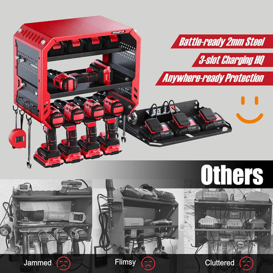 Garage Tool Organizer Wall Mounted Drill Holder with Built-in 4 Outlets, 4 Drill Storage Shelf with Charging Station, Tool Battery Holder for Fathers/Husbands in Garage/Workshop/Shed